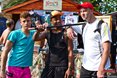 Parkour stars Tristen Wrench (JHB), Kenji (PTA) and Paul Grey (JHB) getting some shopping done before they start warming up for their Parkour demonstrations here at the Mr Price Pro Ballito 2013 Beach Festival.