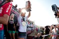 Julian Wilson (AUS) raises his trophy to the crowd in thanks.